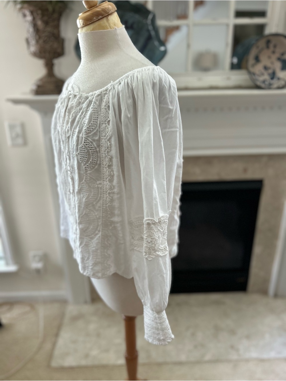 Jennifer & Grace White Lace Peasant Blouse with Tie Neck - Picture 9 of 11